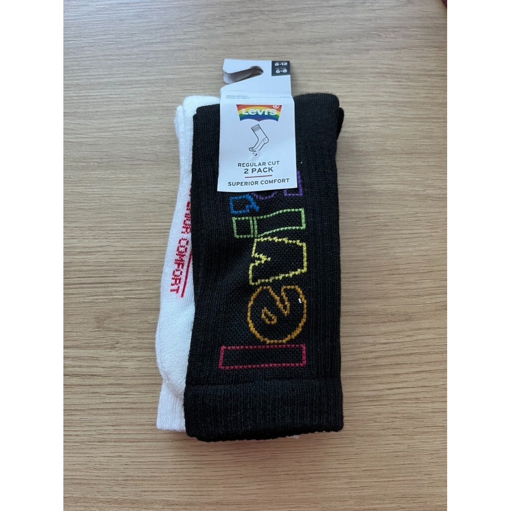 Levis Crew Socks Men Large White Black Rainbow Pride Logo 2 Pack NWT